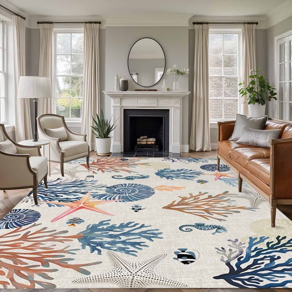 Blue Coastal Area Rugs 6'x9', Washable Small Throw Rugs for Kitchen Dining room, Summer Beach Coral Shell Starfish Vintage Indoor Outdoor Rug Non-Slip Low Pile Carpet Runner Reversible Floor Mats