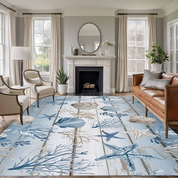 Blue Coastal Area Rugs 8'x10', Washable Small Throw Rugs for Living Room Patio, Beach Ocean Nautical Seashells Starfish Coral Indoor Outdoor Rug Non-Slip Low Pile Carpet Runner Reversible Floor Mats
