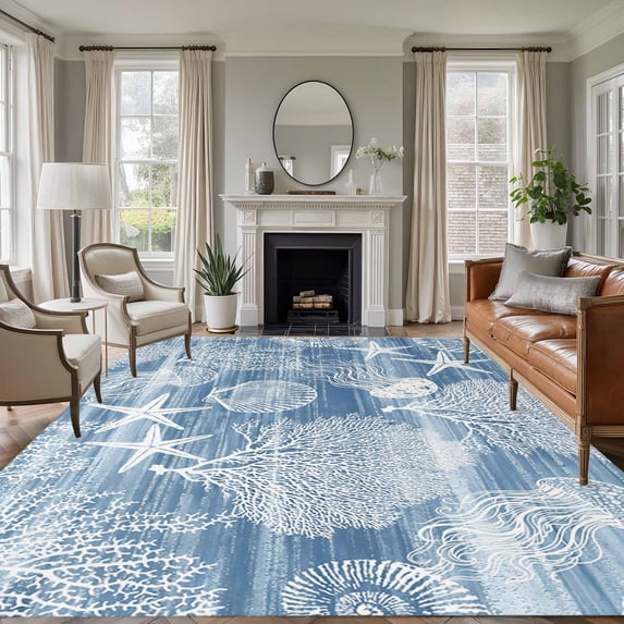 Blue Coastal Area Rugs 8'x10', Washable Small Throw Rugs for Living Room Patio, Nautical Starfish Coral Jellyfish Shell Sea Indoor Outdoor Rug Non-Slip Low Pile Carpet Runner Reversible Floor Mats