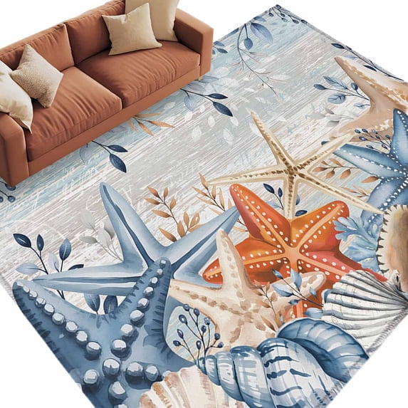 Blue Coastal Area Rugs Collection 5'x8', Summer Beach Starfish Weeping Eucalyptus Vintage Non Slip Indoor Rectangle Throw Runner Rug Floor Mat Carpet for Living Room Dining Table Bedroom Nursery