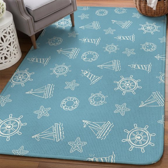 Blue Coastal Area Rugs for Living Room 5x7, White Sea Sailboat Lighthouse Ship Wheel Starfish Washable Area Rug Non Slip, Stain Resist Linen Carpet for Bedroom, Dining Room, Entryway, Entrance