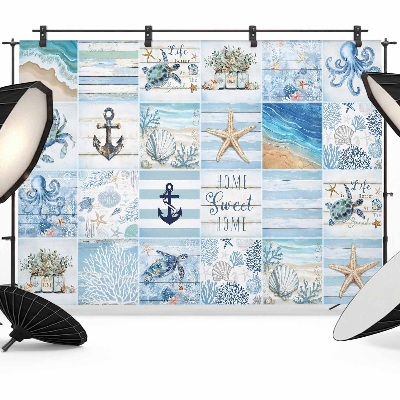 10x8ft photo backdrop, starfish coastal soft polyester... Blue Coastal Backdrop for Photography,Fabric Photo Background Backdrop ...