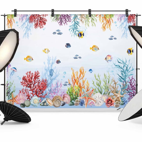 Blue Coastal Backdrop for Photoshoot, Photography Photo Studio Background Wall Backdrop, Summer Beach Nautical Coral Fish Back Drop Banner Panel for Portraits Wedding Live Streaming Decor 10x8Ft