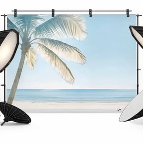 Blue Coastal Backdrop for Photoshoot,Photography Photo Studio Background Wall Backdrop,Summer Palm Trees Vacation Watercolor Back Drop Banner Panel for Portraits Wedding Party Live Streaming 8x6Ft