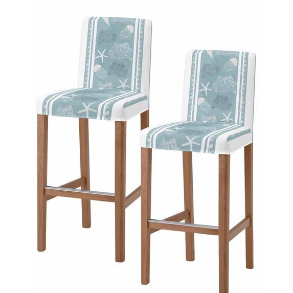 Blue Coastal Bar Stool Covers Set of 2, Nautical Beach Summer Sea Starfish Coral Stretch Washable Bar Chair Covers with Backs, Removable Pub Counter Height Chair Cover for Kitchen Dining Room Cafe