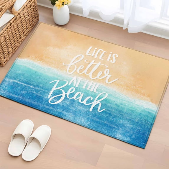 Blue Coastal Bathroom Mats 2x3 FT, Non Slip Small Kitchen Mat, Life Is Better At The Beach Beach Washable Soft Backed Front Door Throw Rugs Non-Shedding Indoor Outdoor Doormat for Entryway Sink