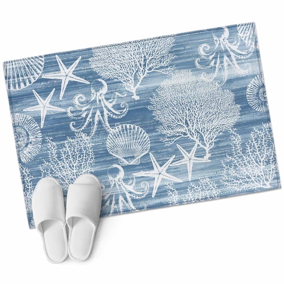 Blue Coastal Bathroom Rug Washable 2x3 Entryway Rug Non Slip Nautical Coral Starfish Shell Octopus Sea Front Door Mat Low Pile Indoor Doormat Throw Floor Carpet for Kitchen Bedroom Entrance