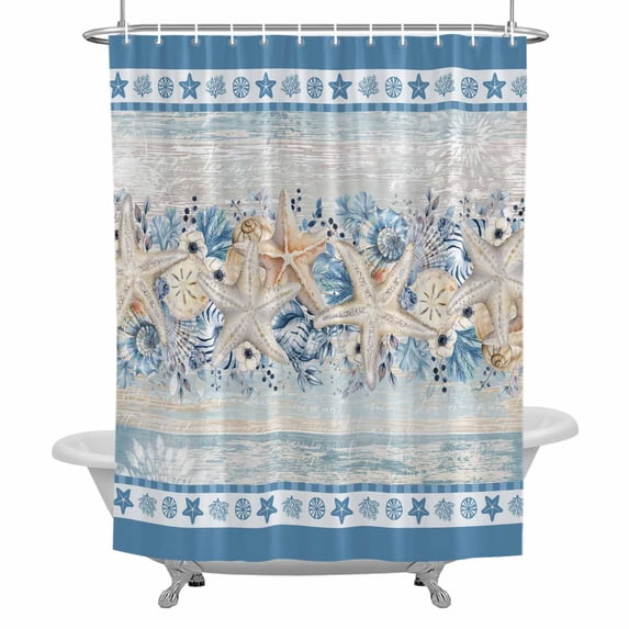 Blue Coastal Bathroom Shower Curtain, Eucalyptus Leaves Starfish Shells Retro Summer Waterproof Washable Soft Bath Curtain for Bathtub Decor with 12 Hooks&Grommet, 72x72 Inch