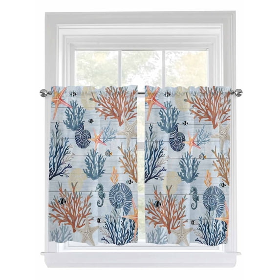Blue Coastal Bathroom Window Curtain, Coral Shell Starfish Seahorse Summer Beach Light Filtering Coffee Kitchen Curtains, Bedroom Living Room Curtains 2 Panel 84"x54"