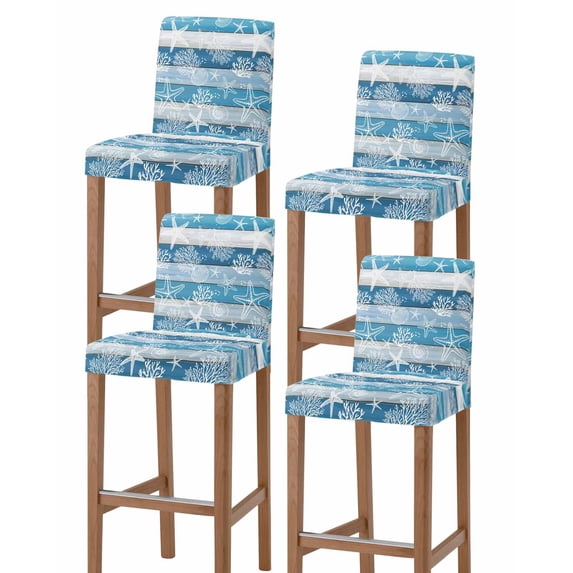 Blue Coastal Beach Bar Stool Covers Set of 4, Nautical Starfish Coral Vintage Wooden Stretch Bar Chair Covers with Backs, Removable Pub Counter Height Chair Cover for Kitchen Dining Room Cafe