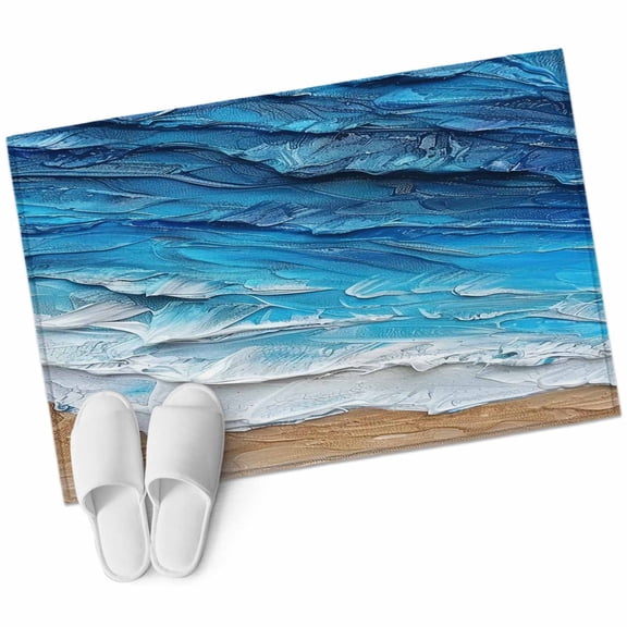 Blue Coastal Beach Bathroom Mat 2x3 FT, Non Slip Small Kitchen Mat, Summer Nautical Oil Painting Washable Soft Backed Front Door Throw Rug Non-Shedding Indoor Outdoor Doormat for Entryway Sink