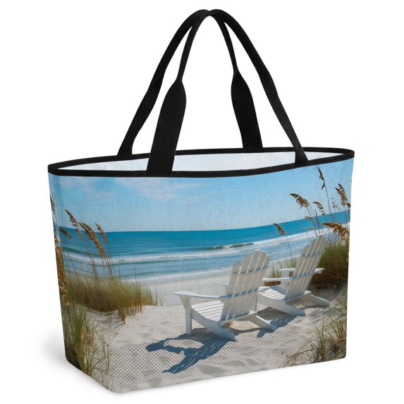 Blue Coastal Beach Beach Bag for Women, Large Breathable Mesh Beach Tote Bag, Summer Nature Ocean Sea Waves Landscape Sandproof Lightweight Travel Bags for Vacation Picnic Swimming Pool