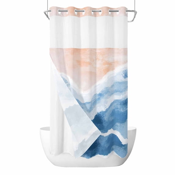 Blue Coastal Beach No Hook Shower Curtain Waterproof, Bathroom Curtains with Snap in Liners and See Through Top Window, Modern Oil Painting Nautical Hotel Style Bathtub Curtains Shower 36"Wx72"L