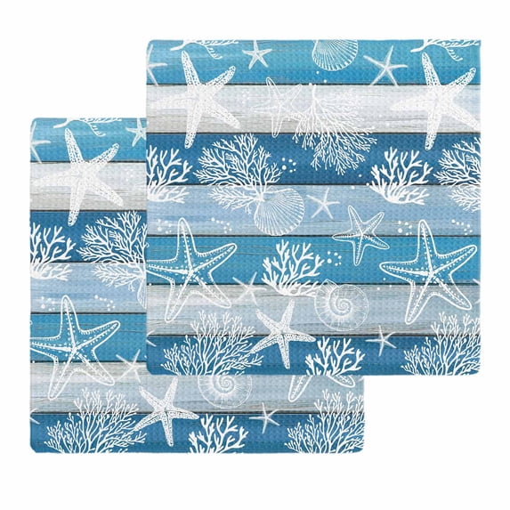 Blue Coastal Beach Kitchen Dish Towels for Drying Dishes Set of 2, Nautical Starfish Coral Vintage Wooden Waffle Weave Microfiber Hand Tea Bathroom Towels Quick Dry & Absorbent Towel 12x12
