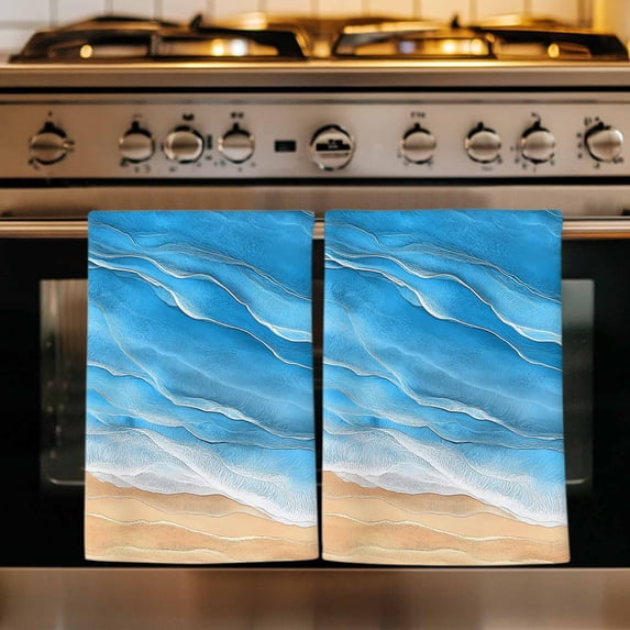 Blue Coastal Beach Kitchen Towels Set of 1, Summer Nautical Ocean Beige Seaside Absorbent Dish Towels for Kitchen, Microfiber Hand Towel, Quick Drying Tea Towel for Cleaning Decorative Dishcloths
