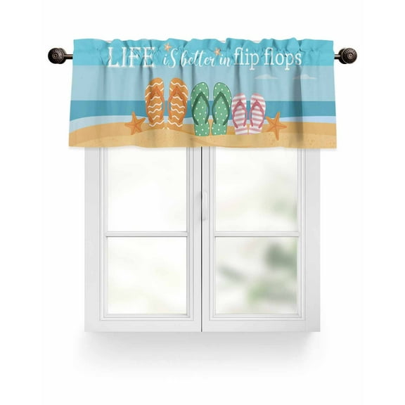 Blue Coastal Beach Kitchen Valances for Windows Slippers Starfish Shell Valance Curtains for Kitchen /Living Room/Bedroom/ Bathroom Decor, 42"x12 " ,Rod Pocket 1 Panel,