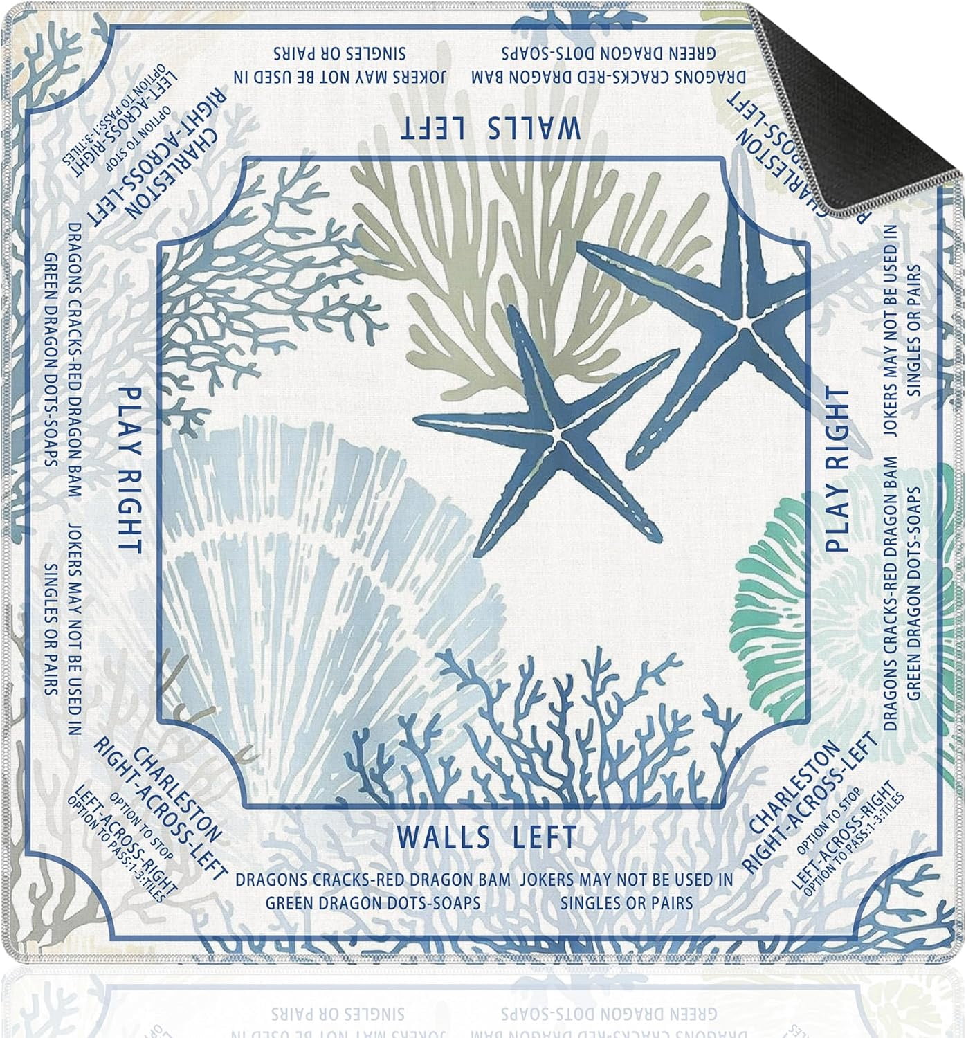 Blue Coastal Beach Mahjong Mat with Rules for Table 31.5x31.5, Gifts for Mahjong Players, Nautical Starfish Coral Non-Slip Noise Reduction Mahjong Table Mat, Blue Beach Gifts Decor for Women