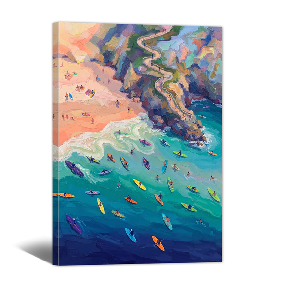Blue Coastal Beach Ocean Canvas Wall Art Summer Swimmers Picture Prints Vivid Seaside Landscape Artwork Paintings for Living Room Bedroom Home Decor