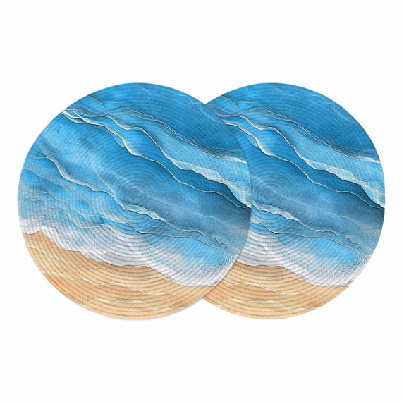 Blue Coastal Beach Round 13 Inch Placemats Set of 2, Summer Nautical Ocean Beige Seaside HeatResistant Non Slip Place Mats for Dining Table, Wipeable Braided Kitchen Table Mats for Housewarming