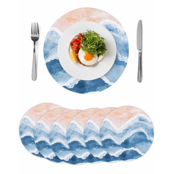 Blue Coastal Beach Round 13 Inch Placemats Set of 6, Modern Oil Painting Nautical HeatResistant Non Slip Place Mats for Dining Table, Wipeable Braided Kitchen Table Mats for Housewarming
