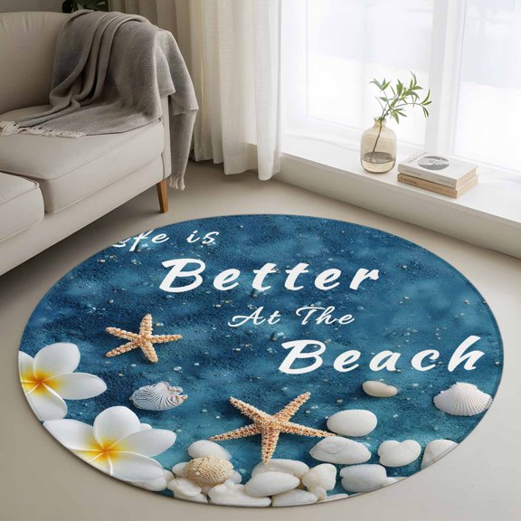 Blue Coastal Beach Round Area Rug 4Ft Washable Circle Rugs for Bedroom Dining Room, Summer Ocean Chic Starfish Flowers Non-Slip Carpet Floor Mats Indoor Outdoor Carpet Runner Aesthetic Home Decor