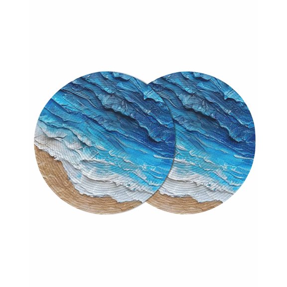 Blue Coastal Beach Round Placemats Set of 2 for Dinning Tables,Heat-proof Braided Table Mats 13 Inch,Summer Nautical Oil Painting Washable Place Mat for Kitchen Restaurant Party Decor Table Setting