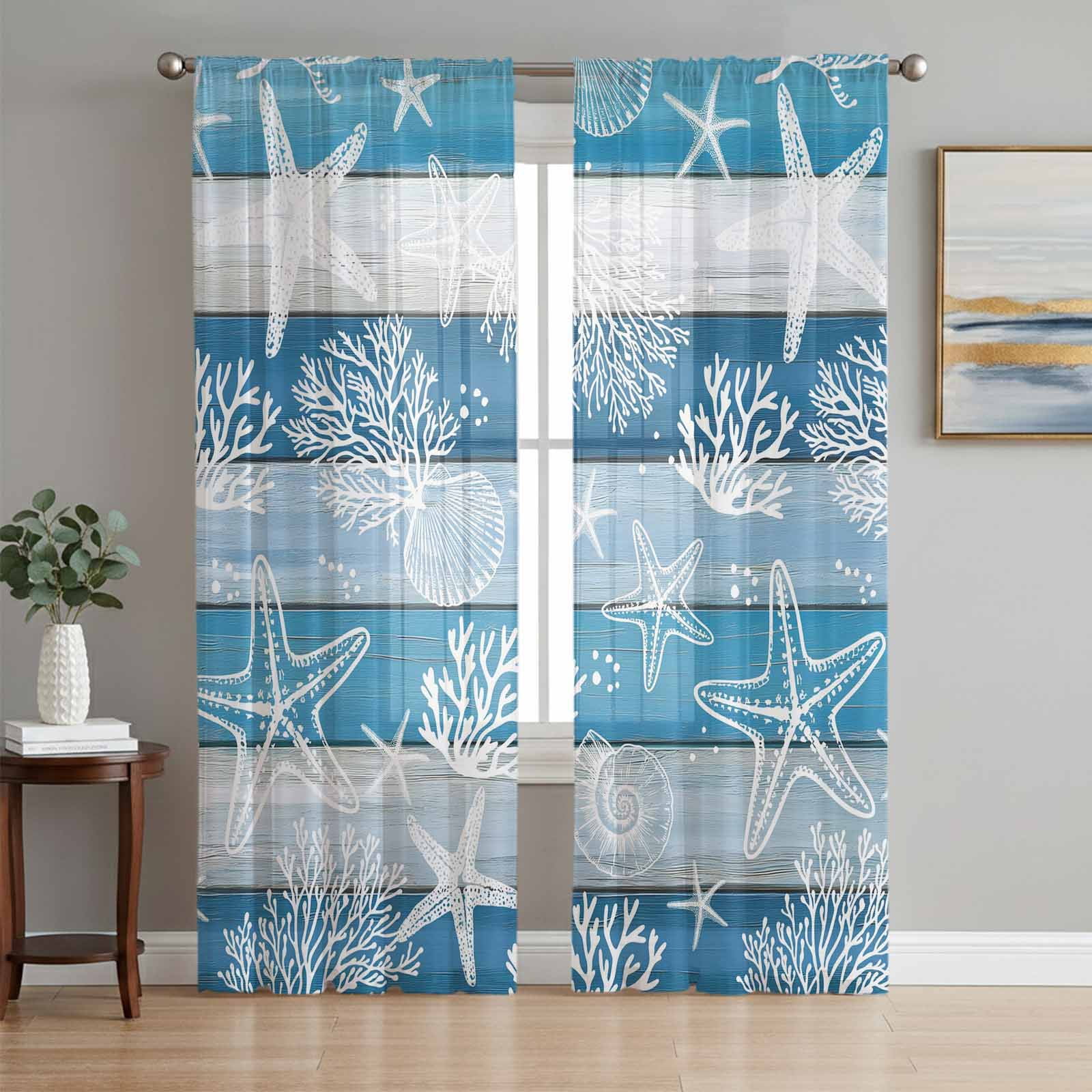 Blue Coastal Beach Sheer Curtains 63 Inch Length 2 Panels Set for ...