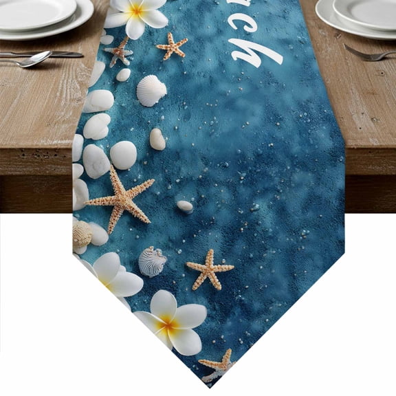 Blue Coastal Beach Table Runner Linen Burlap Table Runner 36 Inches Small Summer Ocean Chic Starfish Flowers Dresser Scarves for Kitchen Island Coffee Dining Room Party Wedding Holiday Decor 13"x36"