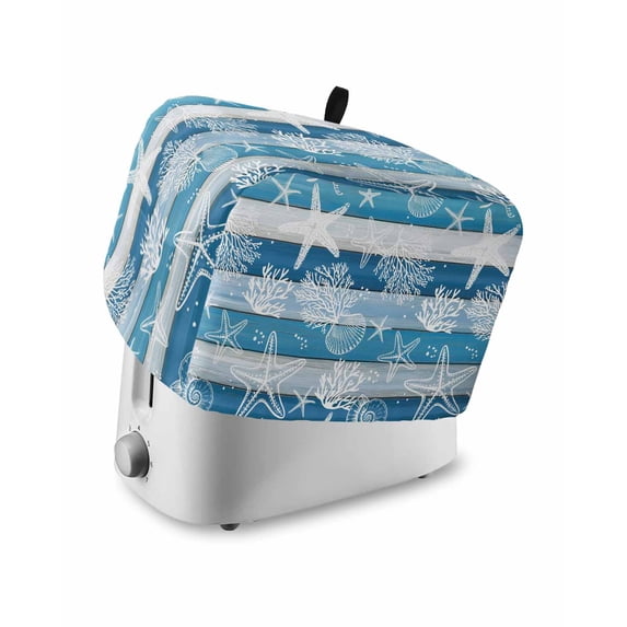 Blue Coastal Beach Toaster Cover 4 Slice, Large Kitchen Appliance Covers, Nautical Starfish Coral Vintage Wooden Toaster Oven Cover with Loop, Bread Machine Cover Polyester Dust Cover Protection