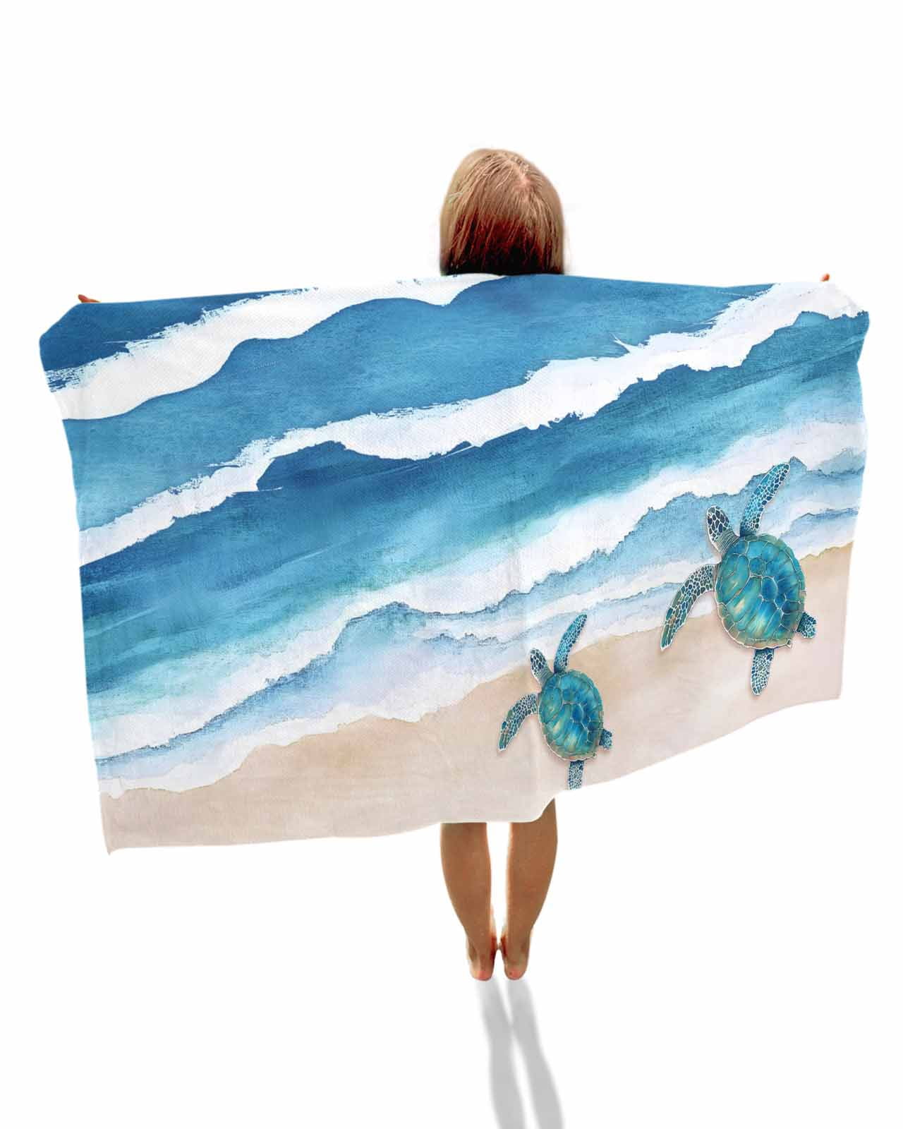 Blue Coastal Beach Towels Oversized Super Absorbent, Sea Turtle Summer Beach Waves Nautical Lightweight Bath Towel Quick Dry Sets For Bathroom/Pool/Rv Camping/Beach Play/Gym Room/Picnic 23"x47"