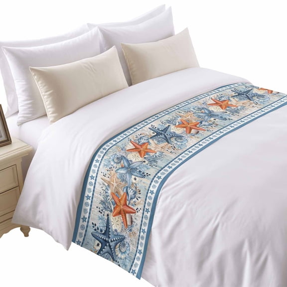 Blue Coastal Bed Runner for Twin Size Bed, Orange Starfish Coral Beach Nautical Vintage Soft Bedding Scarf Bedding Protector Slipcover Sofa Throw for Bedroom Hotel Guesthouse