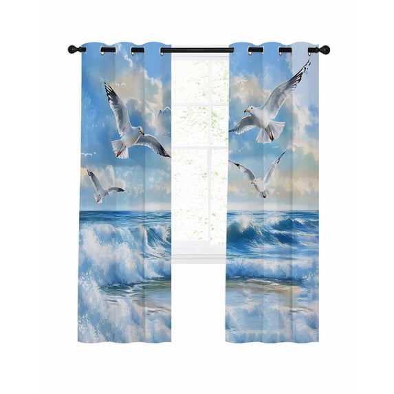 Blue Coastal Birds Blackout Curtains, Light Blocking Print Window Curtains, Summer Beach Seaside Nautical Thermal Insulated Window Drapes for Living Room Kitchen Cafe 2 Panels, 104"W x 72"L