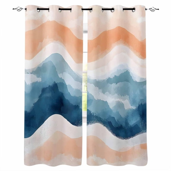 Blue Coastal Blackout Curtains 39 Inches Long for Bedroom, Summer Beach Nautical Beige Oil Painted Thermal Insulated Room Darkening Black Out Window Curtain Panels Grommet Drapes for Living Room