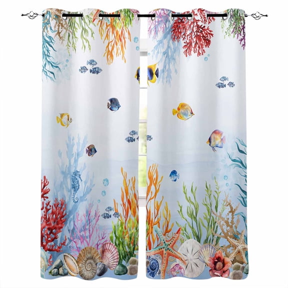 Blue Coastal Blackout Curtains 39 Inches Long for Bedroom, Summer Beach Nautical Coral Fish Thermal Insulated Room Darkening Black Out Window Curtain Panels Grommet Drapes for Living Room