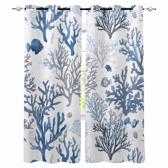 Blue Coastal Blackout Curtains 39 Inches Long for Bedroom, Summer Nautical Ocean Beach Coral Fish Thermal Insulated Room Darkening Black Out Window Curtain Panels Grommet Drapes for Living Room