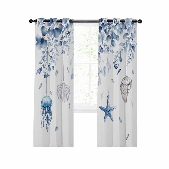 Blue Coastal Blackout Curtains 54 Inches Long for Bedroom,Summer Eucalyptus Leaves Beach Ocean Starfish Nautical Thermal Insulated Room Darkening Black Out Curtain Panels Grommet Drapes for Windows