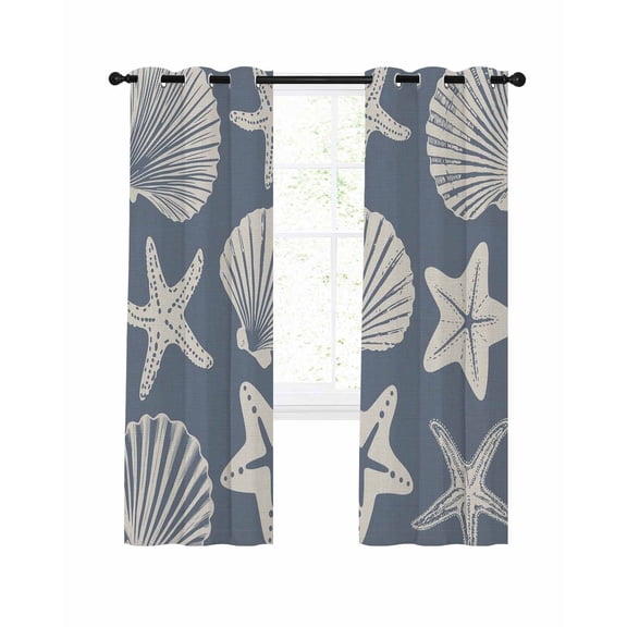 Blue Coastal Blackout Curtains for Bedroom Living Room, Starfish Shell Ocean Nautical 39 In Long Thermal Insulated Room Darkening Drapes Grommet Window Treatments, 27.5 x 39 In