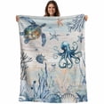 thumbnail image 1 of Blue Coastal Blanket Soft Cozy Warm Throw Blanket for Couch, Plush Fuzzy Flannel Fleece Blankets for Sofa, Sea Turtle Octopus Coral Beach Nautical Bed Blankets Lightweight Gifts for Women, 50"x60", 1 of 9