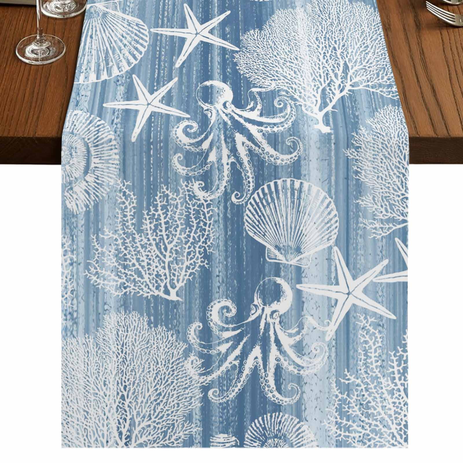 Shell Table Clothes Blue Coastal Burlap Cotton Table Runner 13x72 Inches Long, Nautical ...