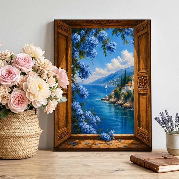 Blue Coastal Canvas Wall Art for Living Room, Open Window Blue Flowers Pastoral Coastal Wall Decor Framed Artwork Pictures Ready to Hang for Bedroom Office Home Decor 24x36 Inch