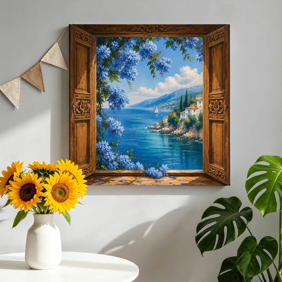 Blue Coastal Canvas Wall Art, Open Window Blue Flowers Pastoral Coastal Pictures Wall Decor Wooden Framed Artwork Art Prints for Living Room Hallway Bedroom Office 16"x16"