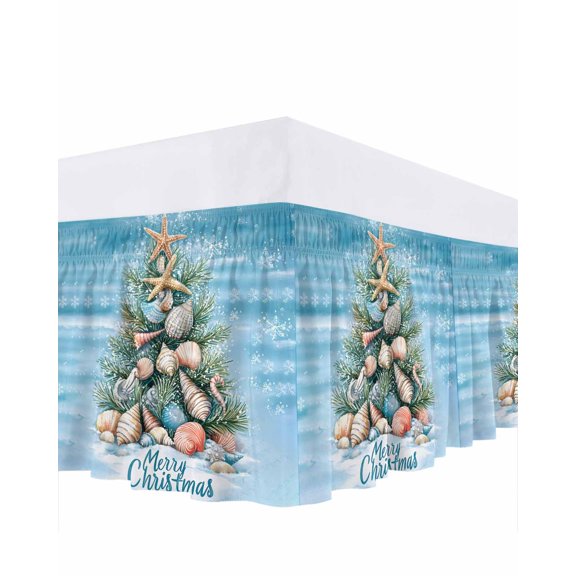 Blue Coastal Christmas Bed Skirt Queen Size,Nautical Summer Beach Shell Conch Wrap Around Bed Skirting with Adjustable Elastic Strap,Dust Ruffle Pleated Bedskirts 16 Inch Drop for Bedroom Queen Beds