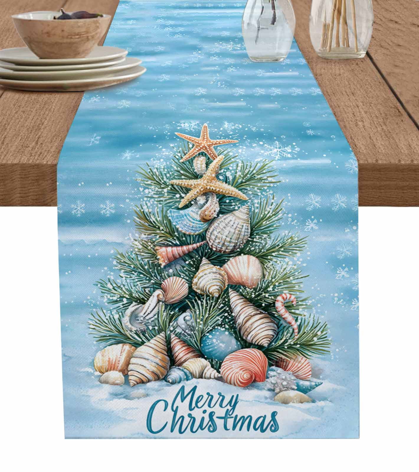 Shell Table Clothes Blue Coastal Christmas Burlap Cotton Table Runner 13x60 Inches Long ...