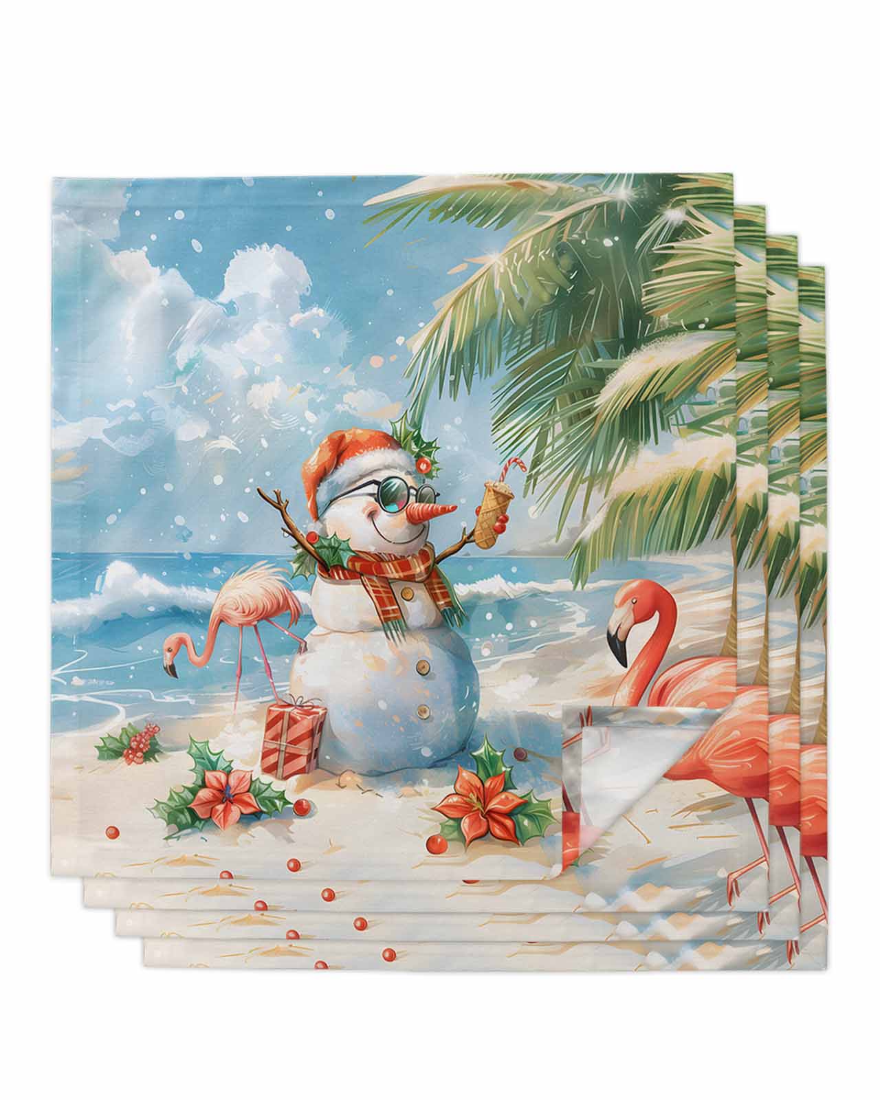 Blue Coastal Christmas Dinner Napkins Cloth Set of 4, Polyester Napkins