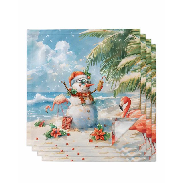 Blue Coastal Christmas Dinner Napkins Cloth Set of 4, Polyester Napkins