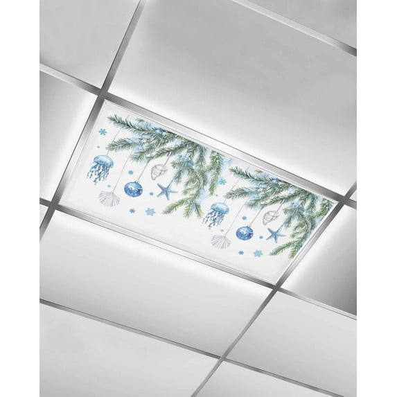 Blue Coastal Christmas Fluorescent Light Covers for Ceiling Lights 4x2 feet,1 Pack Magnetic Light Filters for Classroom,Xmas Ball Pine Starfish Shell Snowflake Office Fluorescent Light Shade Panel