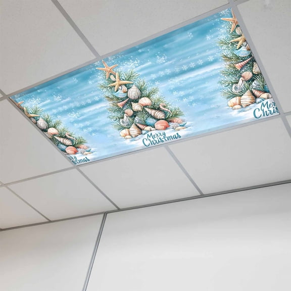 Blue Coastal Christmas Fluorescent Light Covers, Nautical Summer Beach Shell Conch Magnetic Light Covers for Ceiling Lights, Fluorescent Ceiling Shade for Classroom Bedroom Office 4x2Ft x 1PCS
