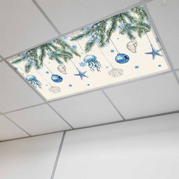 Blue Coastal Christmas Fluorescent Light Covers, Xmas Botanical Starfish Rustic Magnetic Light Covers for Ceiling Lights, Fluorescent Ceiling Shade Filters for Classroom Bedroom Office 4x2Ft x 1PCS
