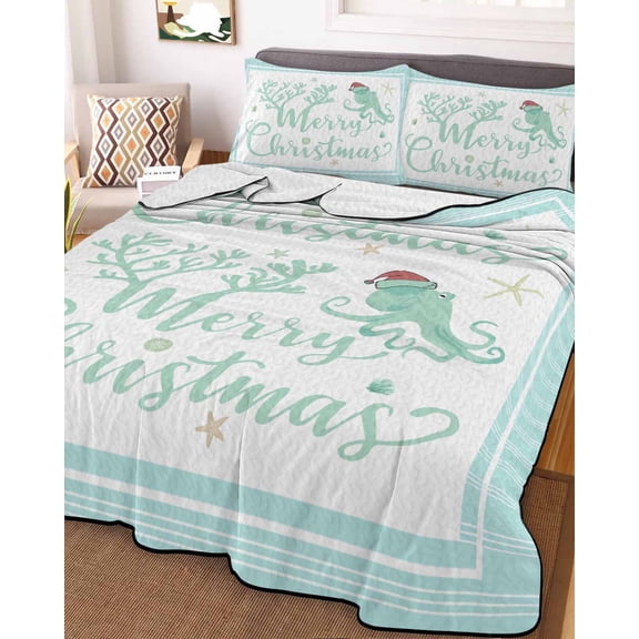 Blue Coastal Christmas King Size Down Alternative Comforter, Lightweight Comforter Quilt Bedding Set with Pillow Shams Xmas Coral Nautical Snowflake All Seasons Bed Comforter Duvet Insert 96"x106"