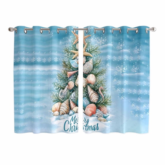 Blue Coastal Christmas Kitchen Curtains 63 Inch Length, Nautical Summer Beach Shell Conch Grommet Top Bedroom Living Room Curtains, Light Filtering Cafe Curtain Drapes 2 Panels Set 104''x63''